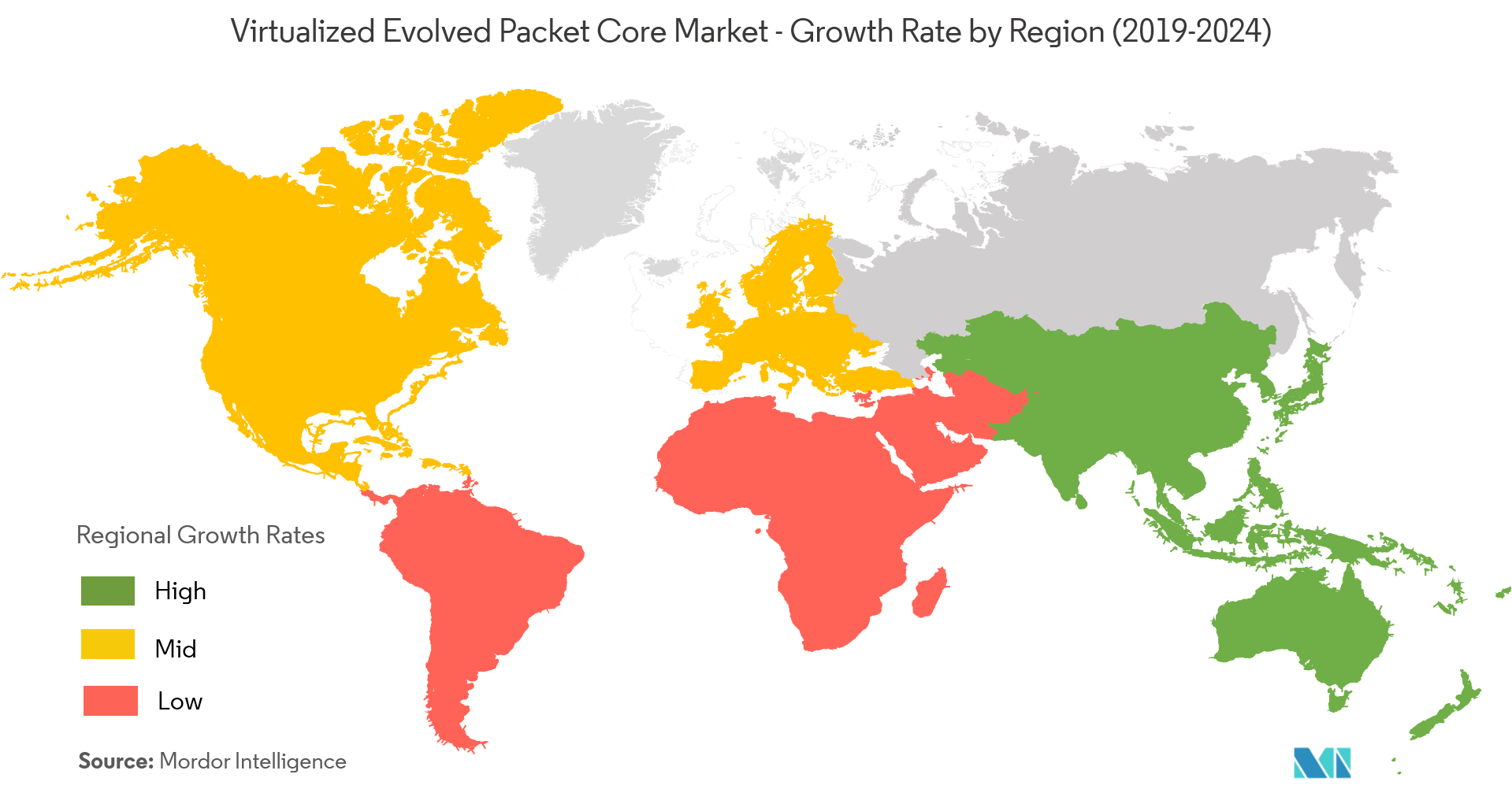 Virtualisierter Evolved Packet Core-Markt – Wachstumsrate nach Regionen (2019–2024)